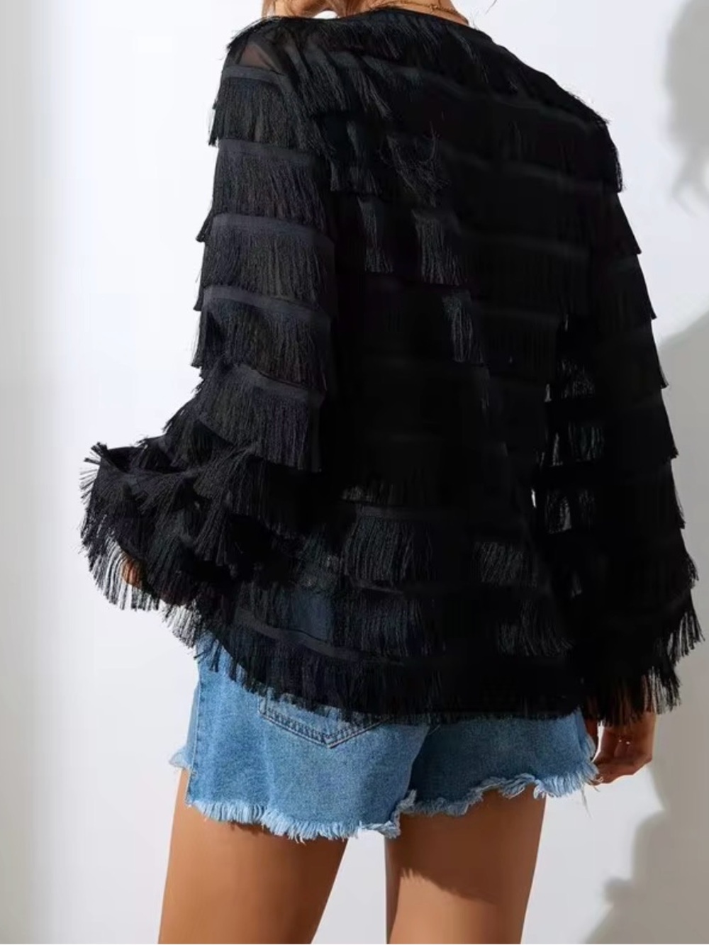 Black Fringe Sheer Button-Up Blouse - Elegant Women's Top sz Sm Holiday top - Picture 4 of 14